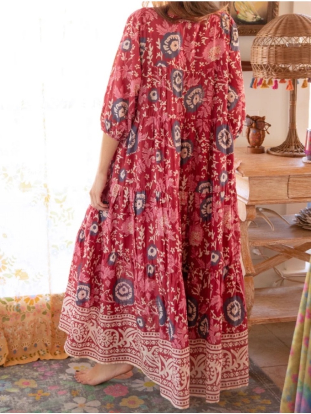 Natural Life Dara Maxi Dress Floral Medallion Boho Tiered Tassel Tie - Picture 2 of 10